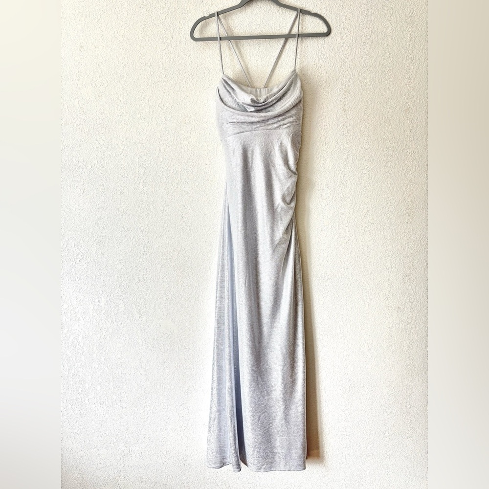 Nightway Collection - Silver Floor Length Dress with Cowl Neckline in Size 6